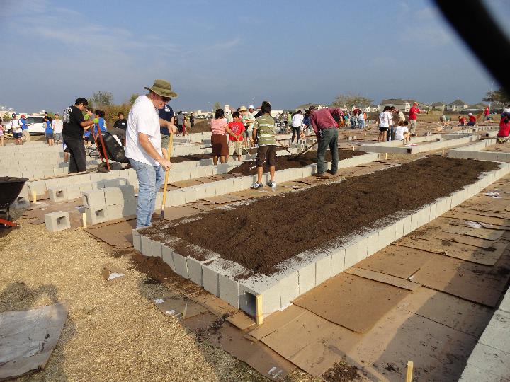 Volunteers filling the raised beds with soil, 2011