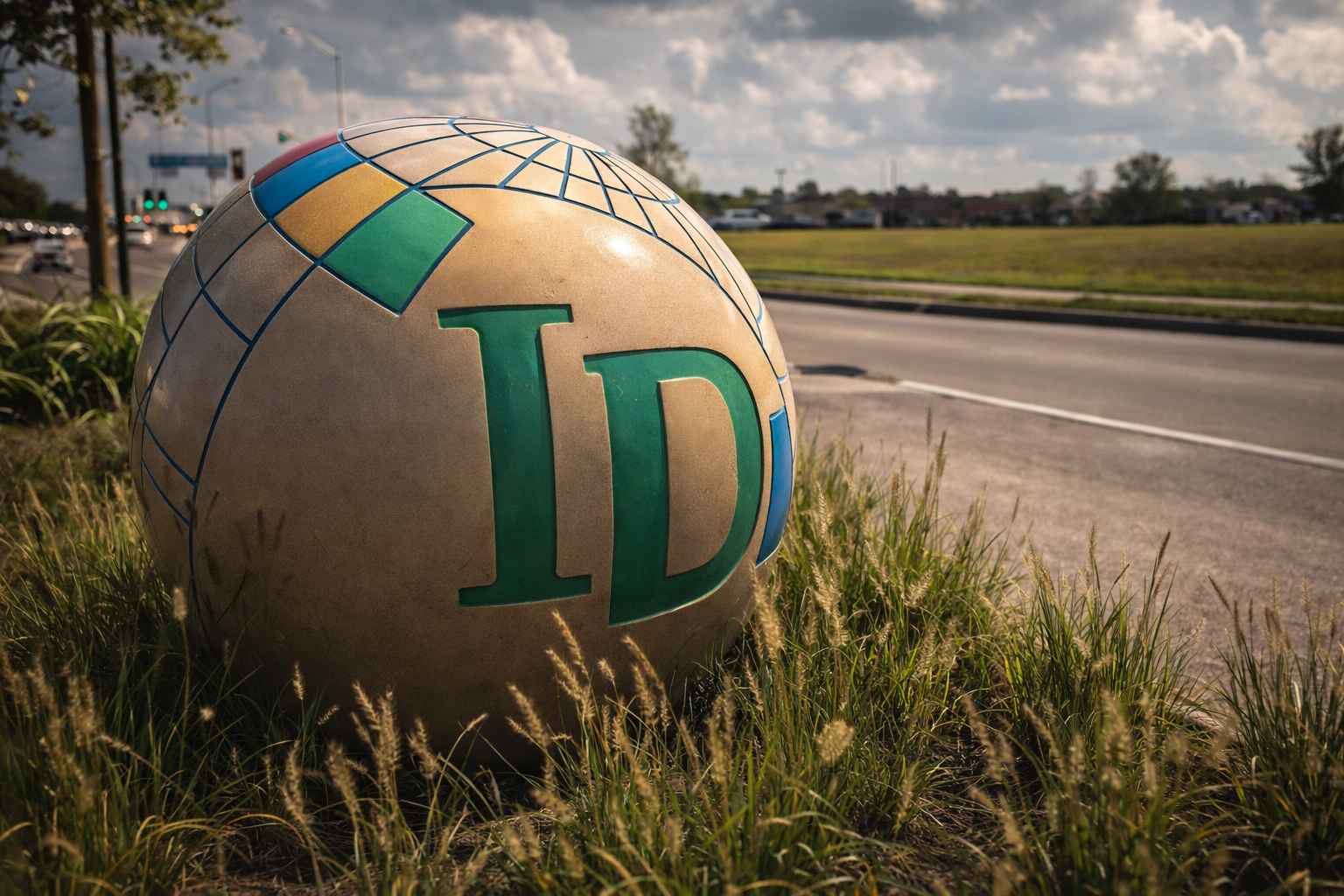IMD sphere monument The IMD globe monument with the District ID logo, beside a roadway in tall grass
